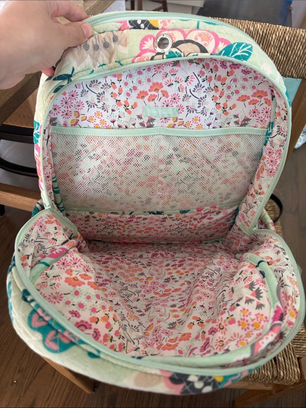 Vera Bradley Quilted Floral Backpack in Mint with Pink & Teal Accents